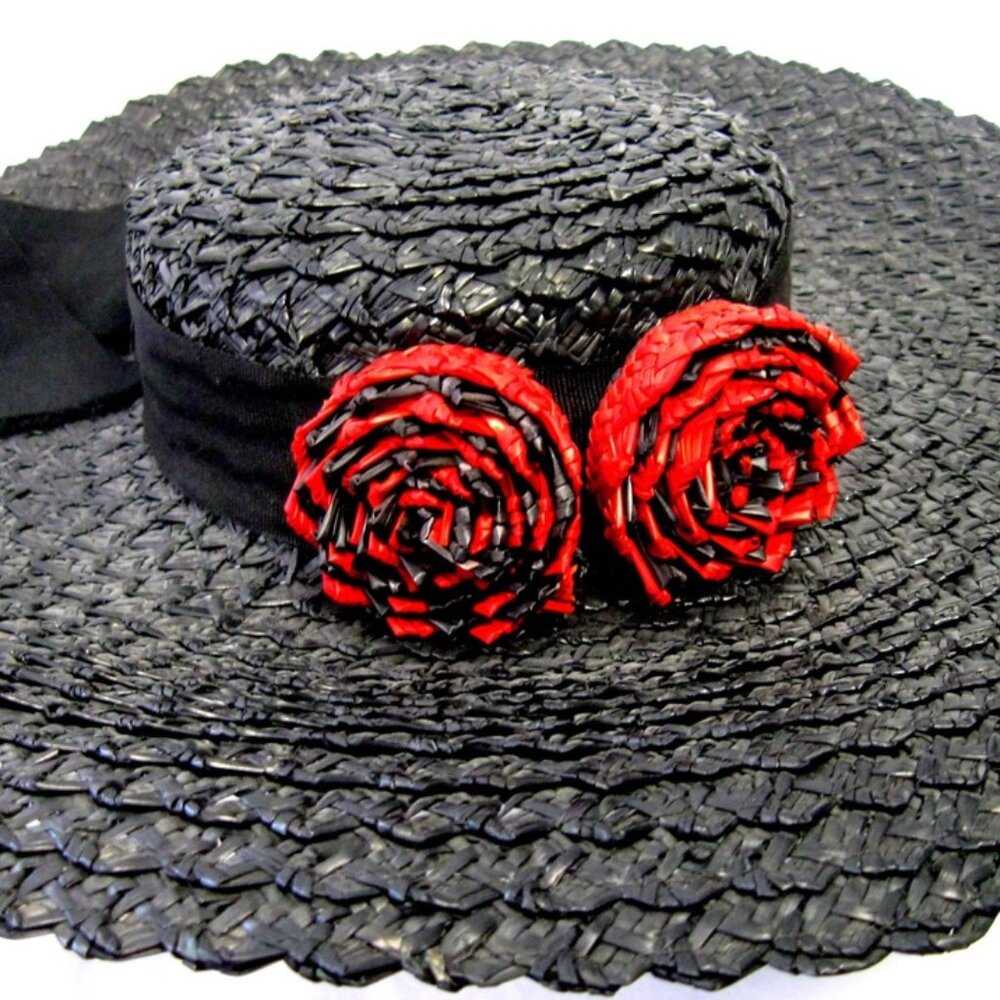Vintage Large Black Straw Picture Hat with Red Straw Roses and Streamers